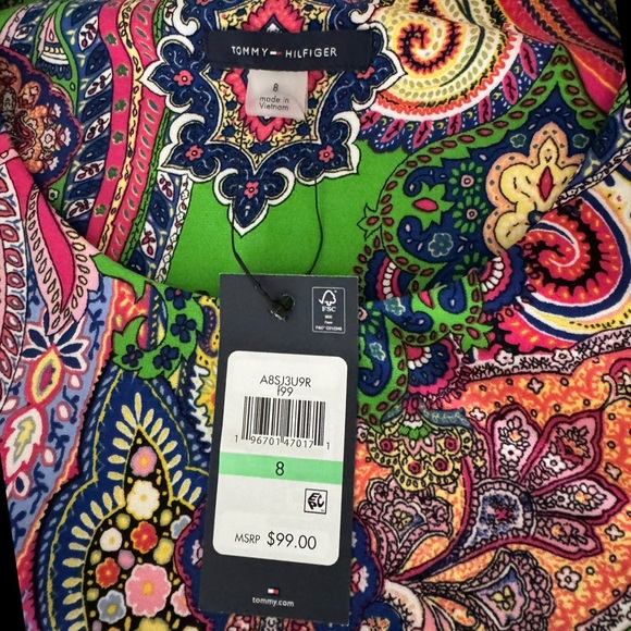 NWT TOMMY HILFIGER A Line Dress Size 8 Medium Colorful Paisley Bell Sleeve Boho - Picture 9 of 12